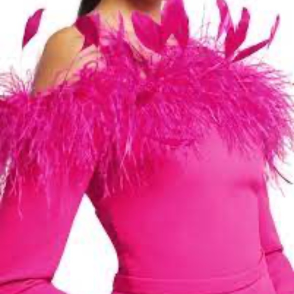 Safiyaa Vittoria Off the Shoulder Feather Dress Pink Midi Dress US sz 2 (FR 34) - Picture 2 of 12